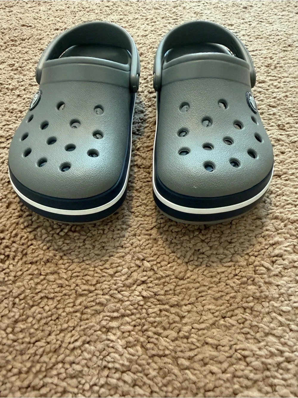 Kids Gray Crocs with Navy and White Stripes